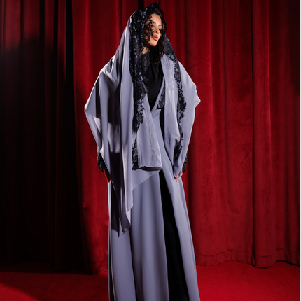 Black and Gray Lace Abaya